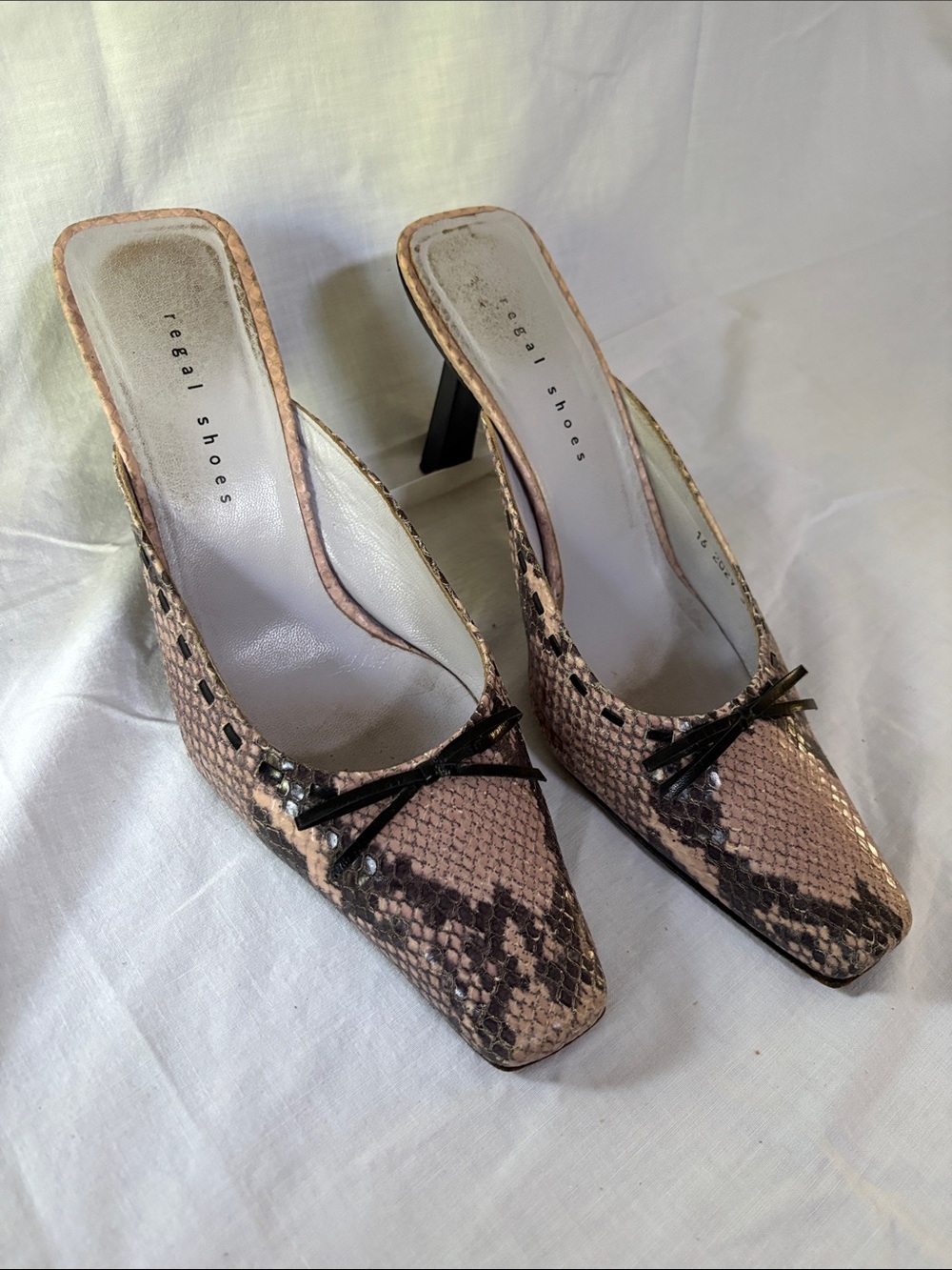 Lavender-Taupe Snake Print Mule Heels with Bow